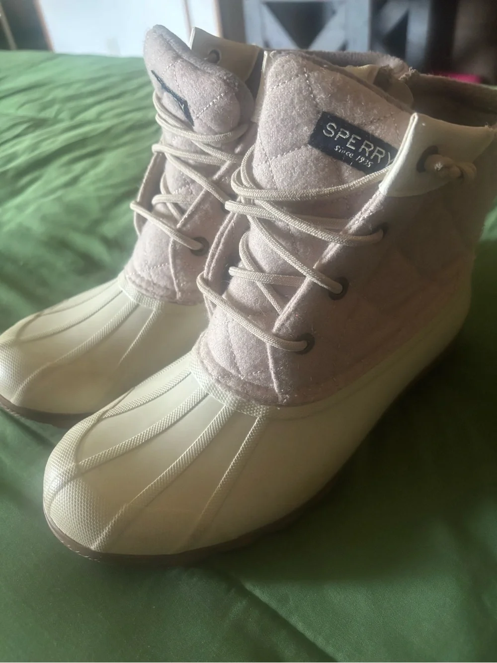 Sperry Quilted Lace-Up Duck Boots in Tan and Cream - Picture 1 of 1